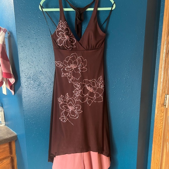 Halter v neck high low knee to mid calf beaded dress - Picture 1 of 6